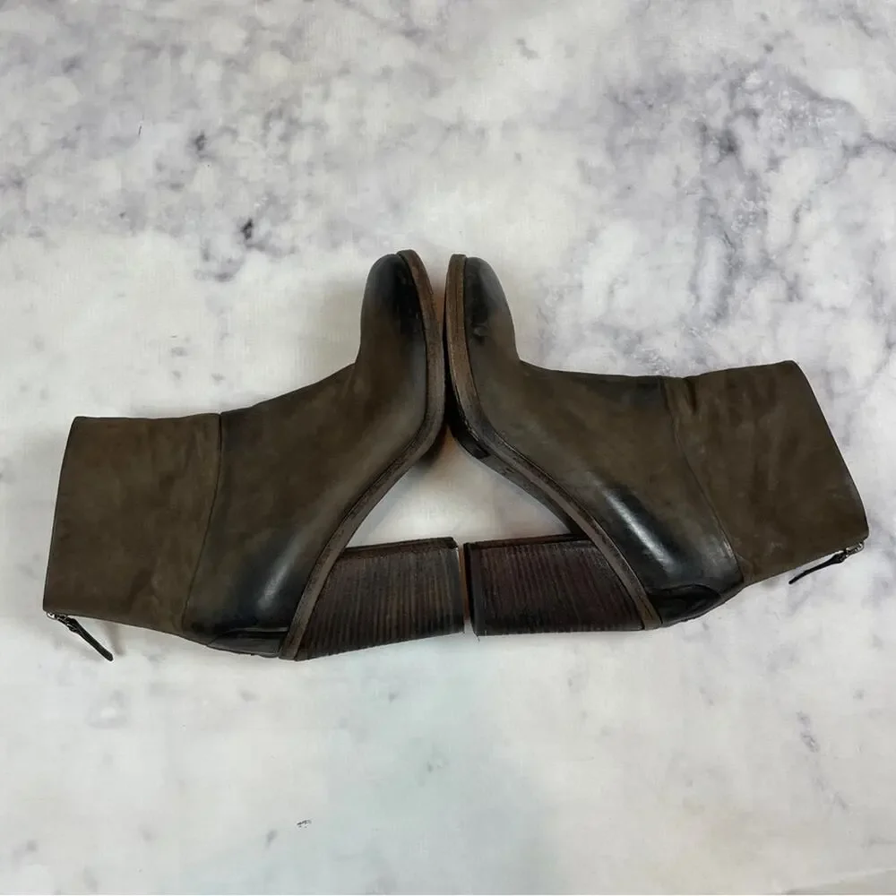 Marsell Bolla Brown Leather Ankle Boots Distressed Zip Back Block Heel Sz 39.5
